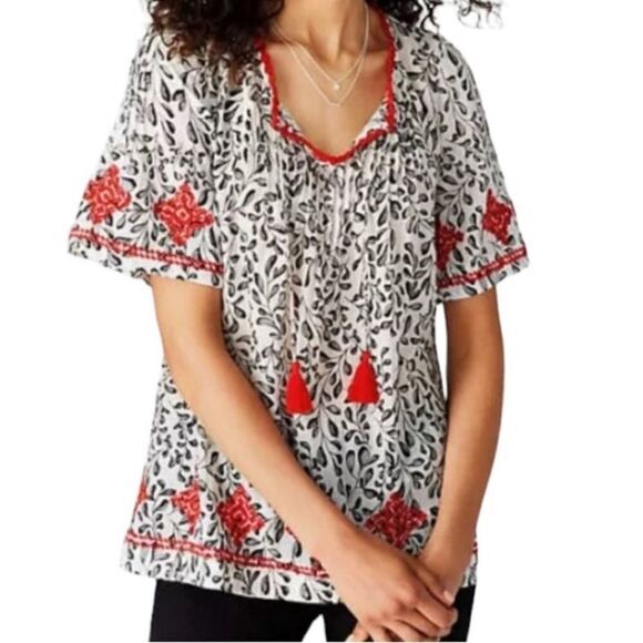 J. JILL Leaf Pintuck Embroidered Tassel Short Sleeve Blouse - Picture 1 of 10